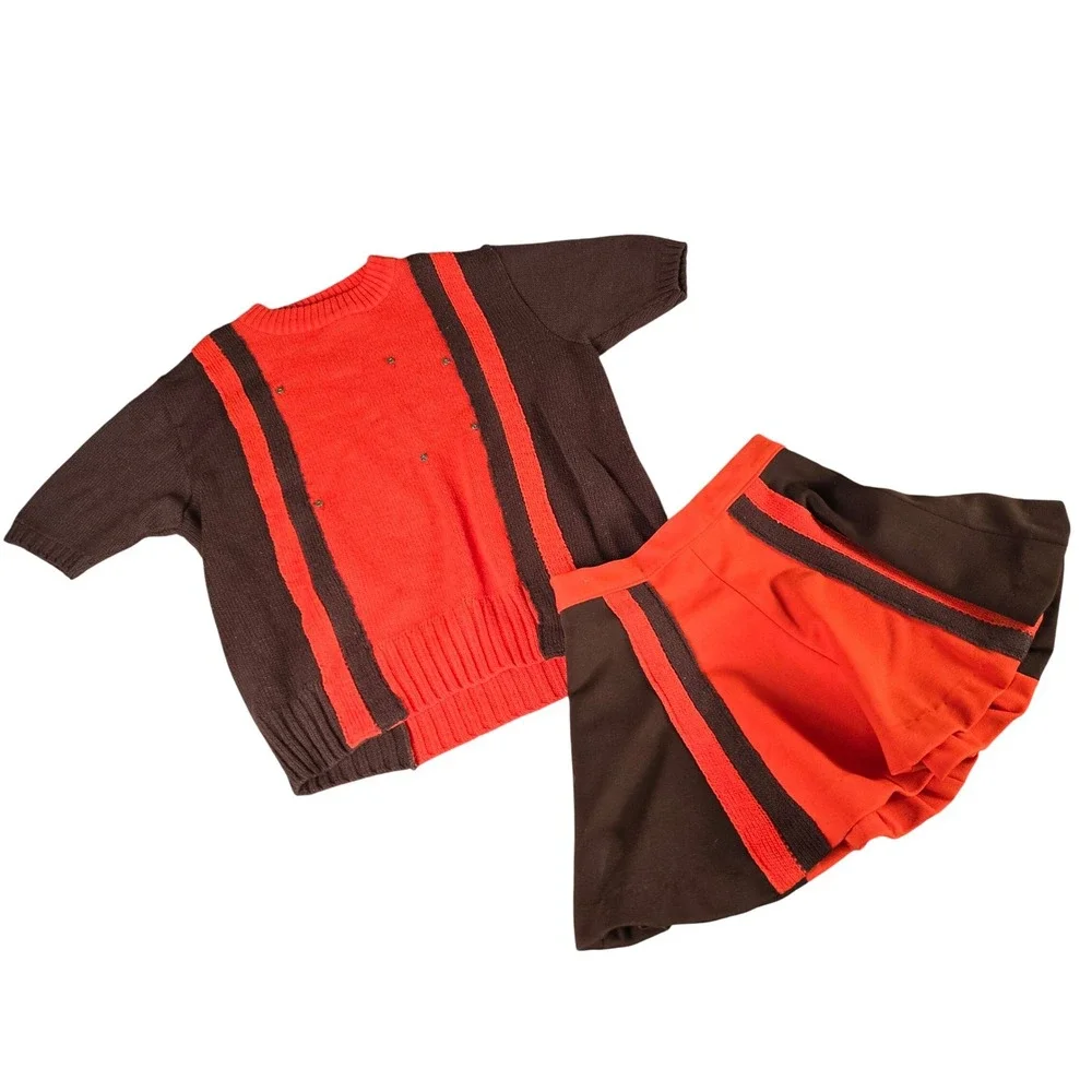 70s Vintage Dehen Knit‎ Cheerleading Outfit Orange & Brown Two Piece Set Small